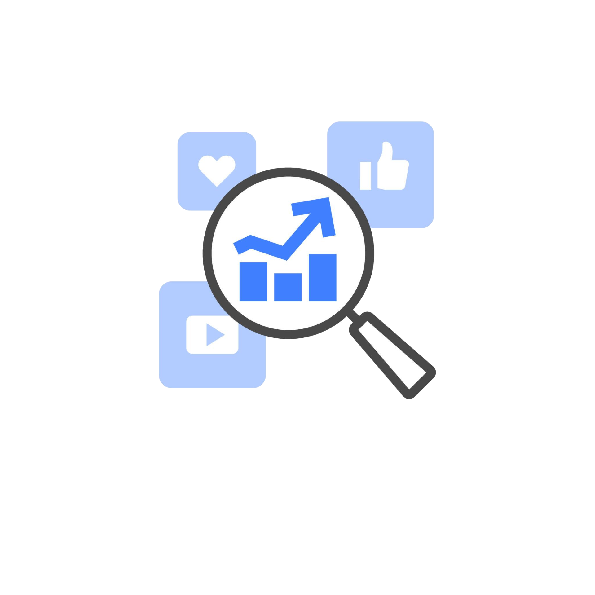 Magnifying glass examining social media content and analytics